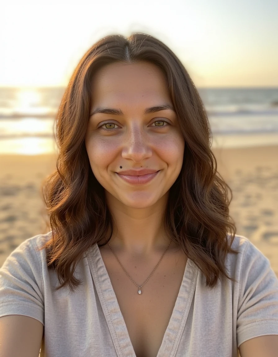 Mia on a beach at golden hour