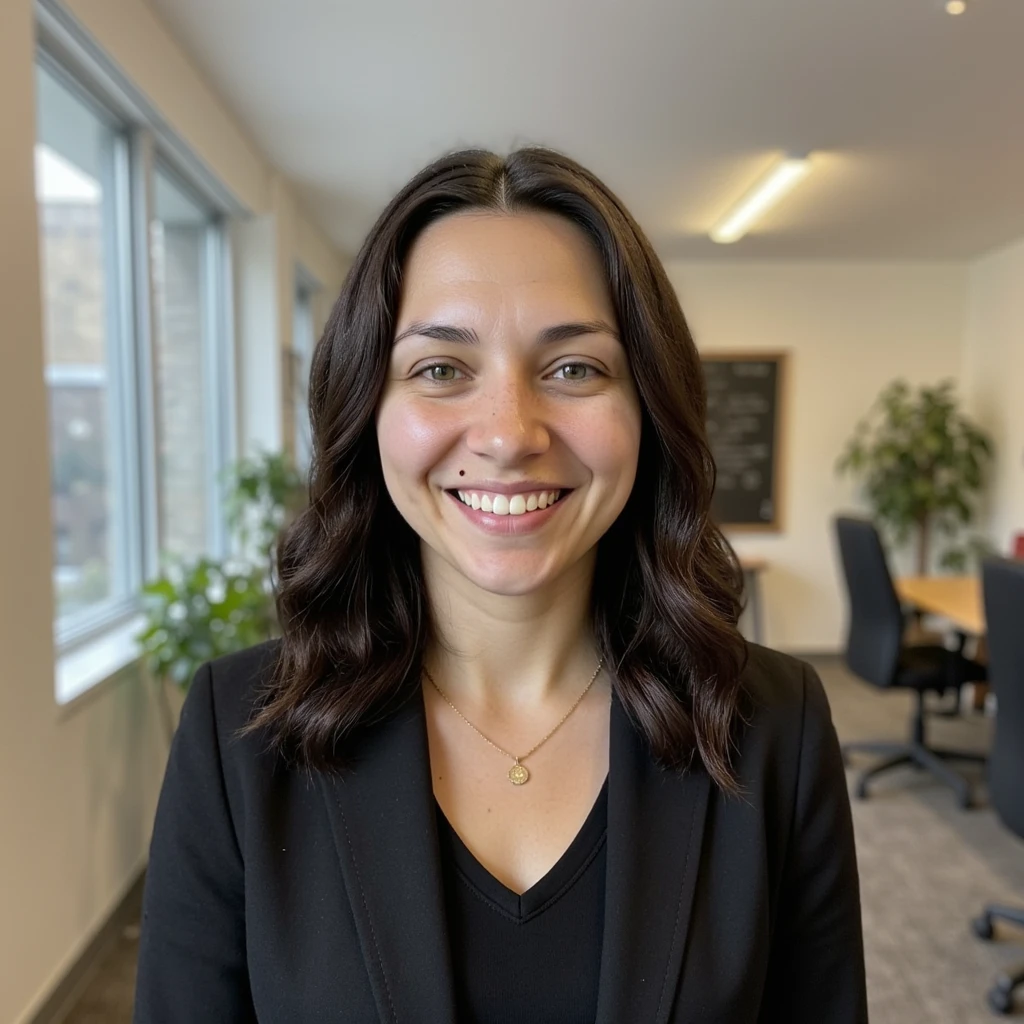 Mia in a corporate headshot: black suit, pink tie, studio backdrop