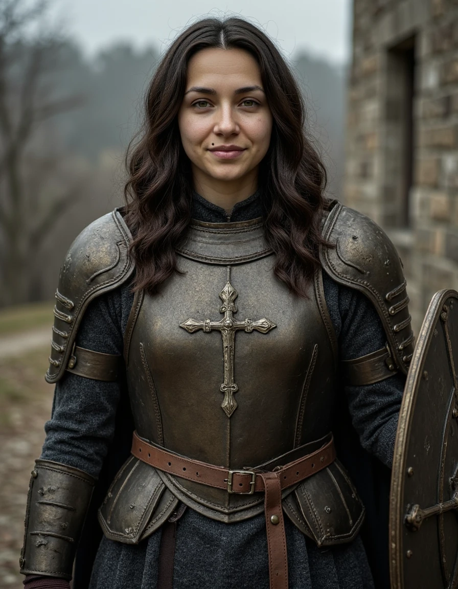 Mia in medieval plate armor with a shield