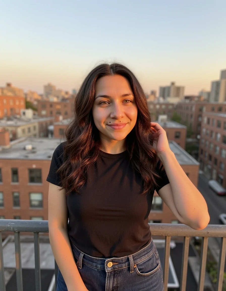 Mia on a rooftop at sunset